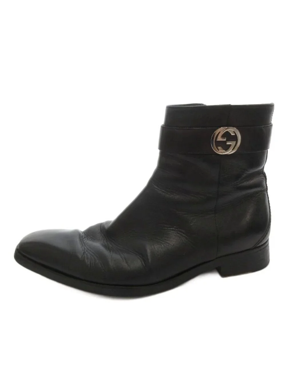 Gucci Short Boots GG Side Zip Leather 41.5 Black